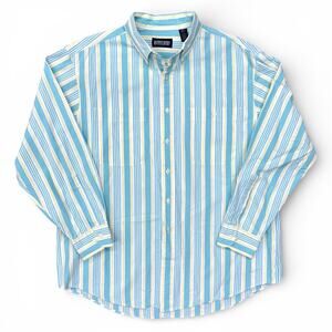 Vintage Lands End Pastel Teal Yellow Striped Thick Button Up Shirt L 16 - 16 1/2